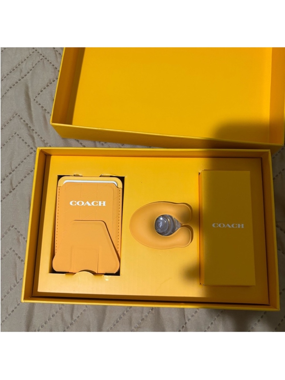 NIB COACH Yellow-Orange Leather Like Phone Card Case with Lanyard and Popsocket